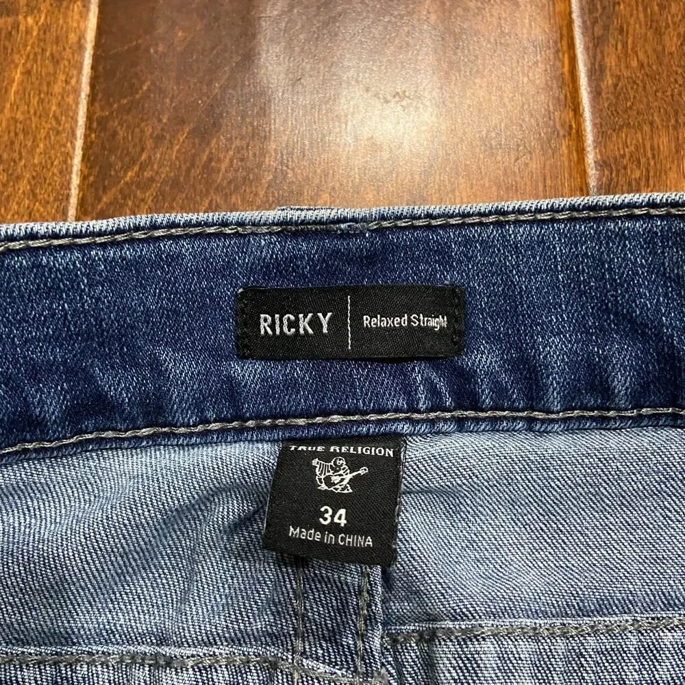 True Religion Relaxed Straight Flap Pocket Denim Blue Jeans Men's Size 34W x 34L